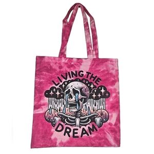Living The Dream Skelly Pink Canvas Tie Dye Tote Bag